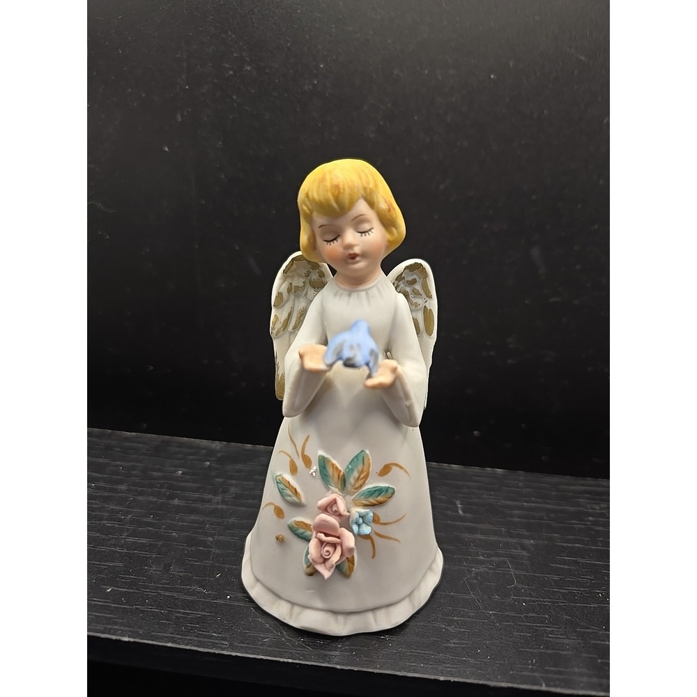 Vintage HOMCO Angel W/ Flowers‎ Holding Blue Bird Porcelain Bell Figurine Bisque
